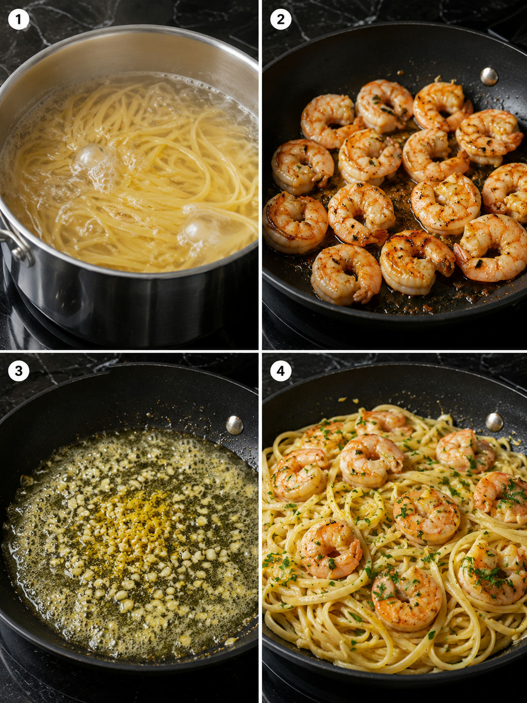Four cooking steps for garlic shrimp pasta from boiling to tossing