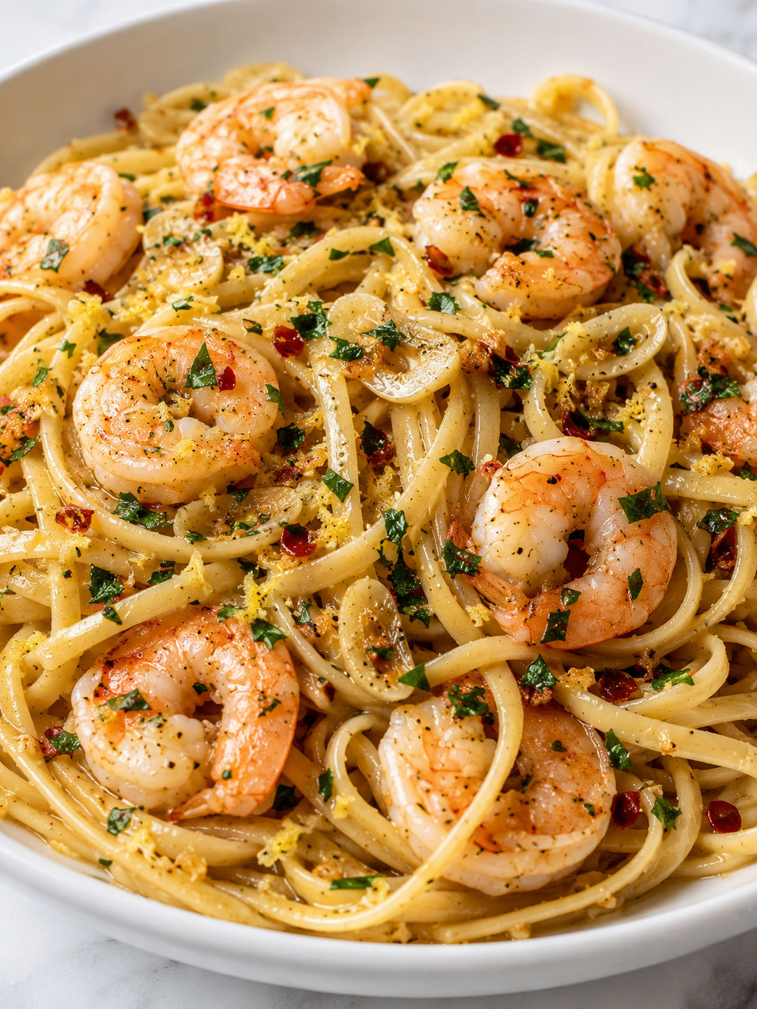 Glossy garlic shrimp pasta with parsley, lemon, and red pepper flakes