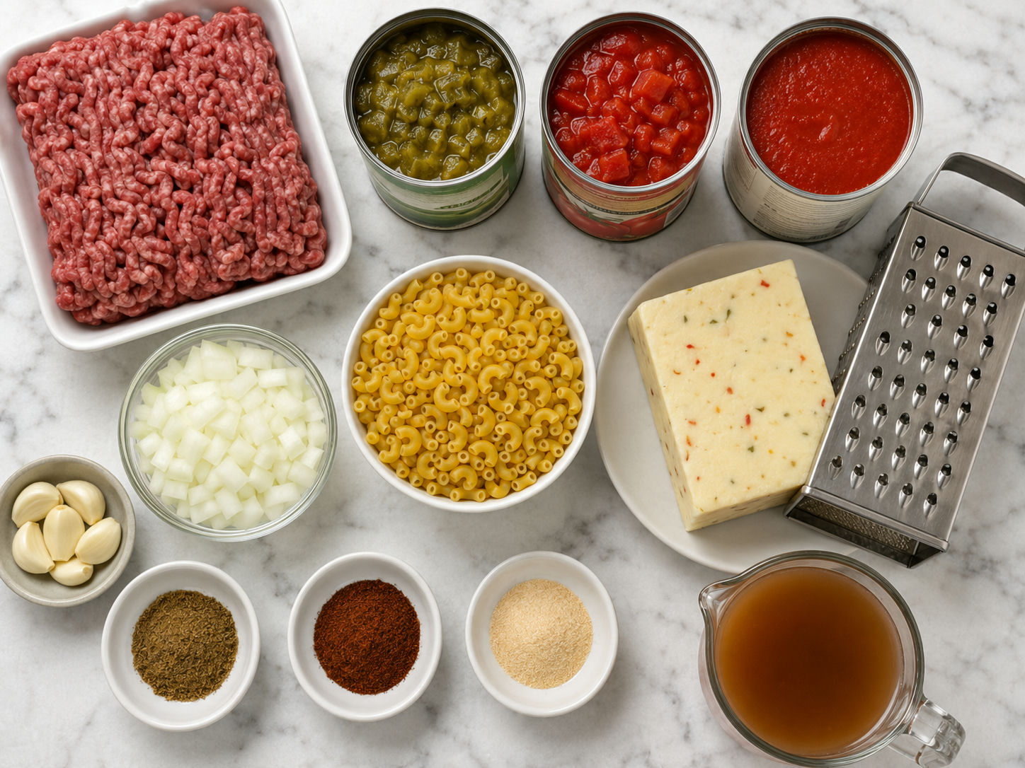 Raw ingredients for green chile goulash with queso on a wooden surface