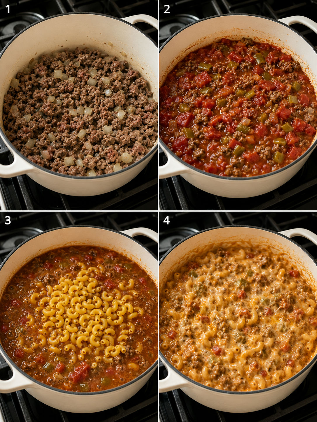 Four cooking steps for green chile goulash from browning beef to stirring in melted cheese