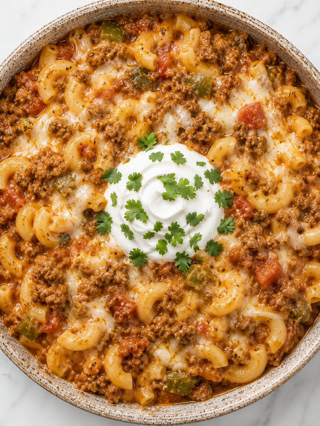 Overhead bowl of green chile goulash with queso, sour cream, and cilantro