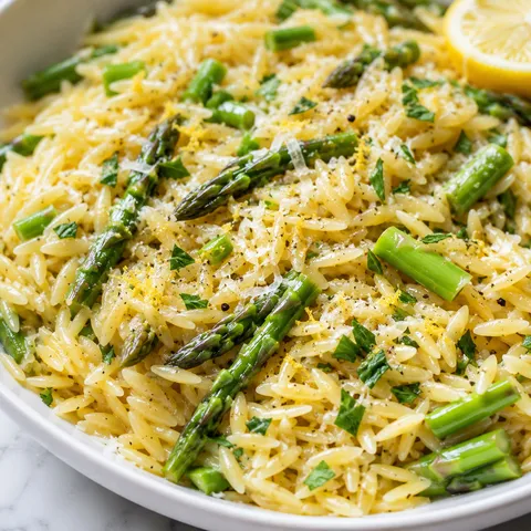 Garlic butter asparagus orzo with Parmesan, parsley, and lemon