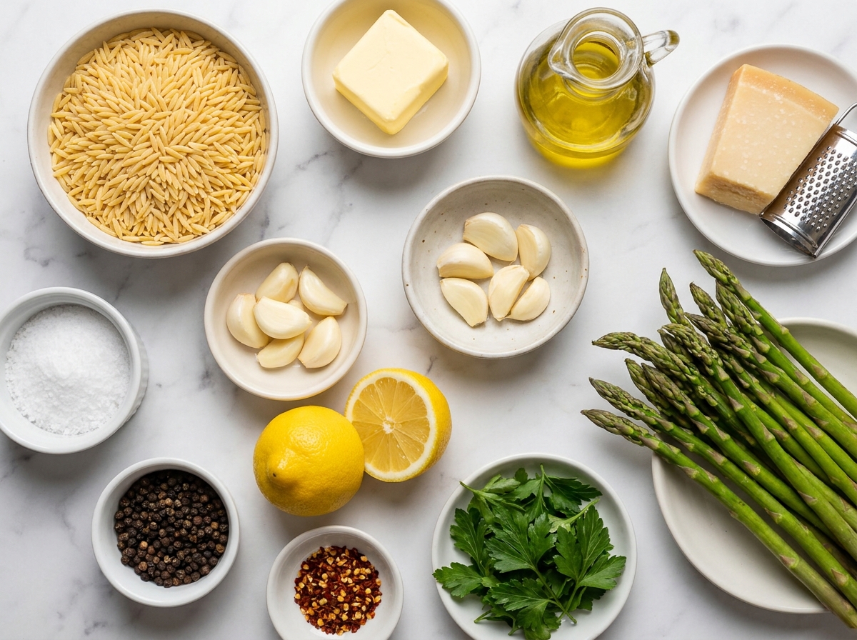 Orzo, asparagus, Parmesan, lemon, garlic, butter, and parsley