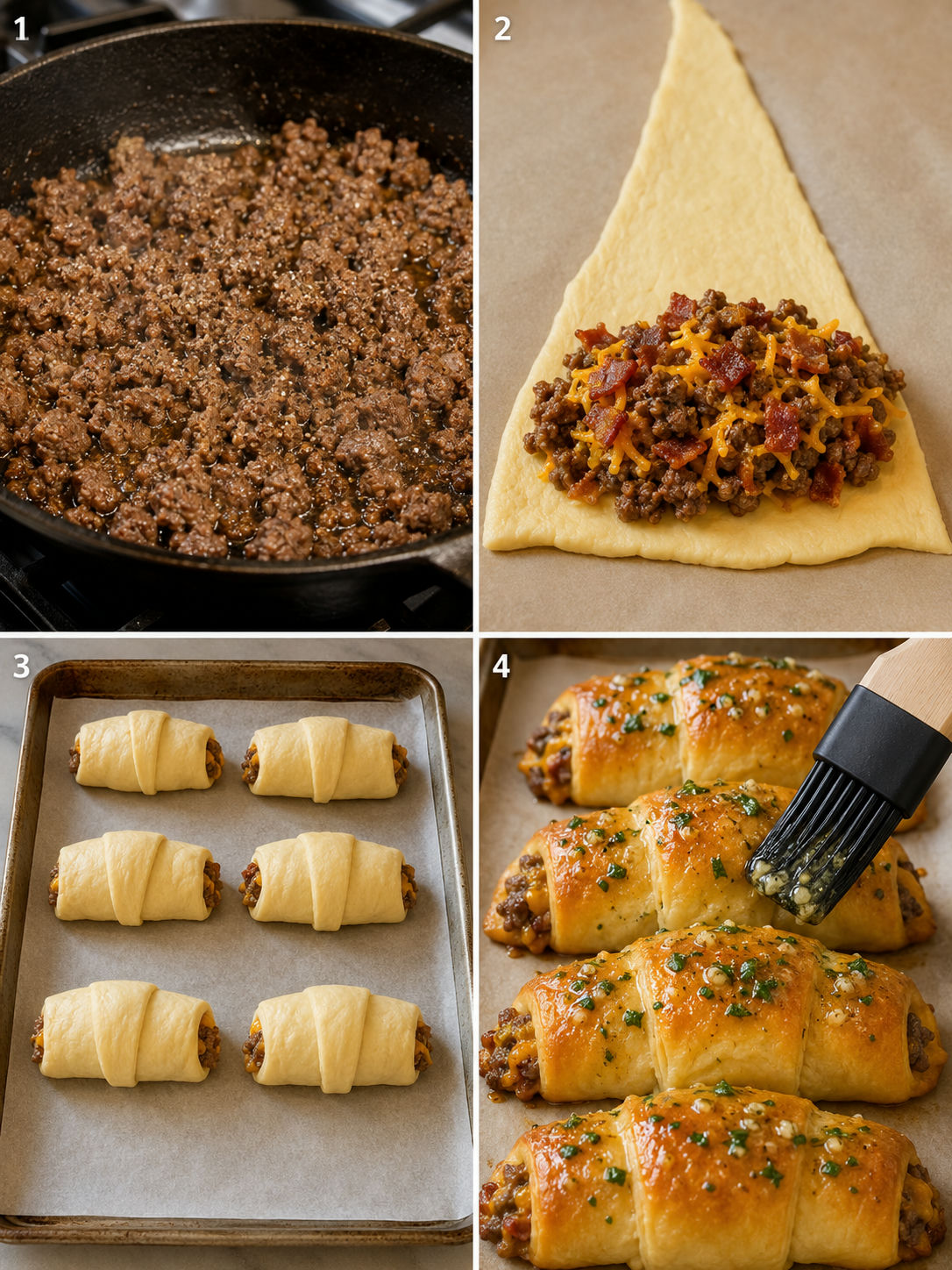 Four cooking steps for garlic butter bacon cheeseburger rollups from browning beef to brushing with garlic butter