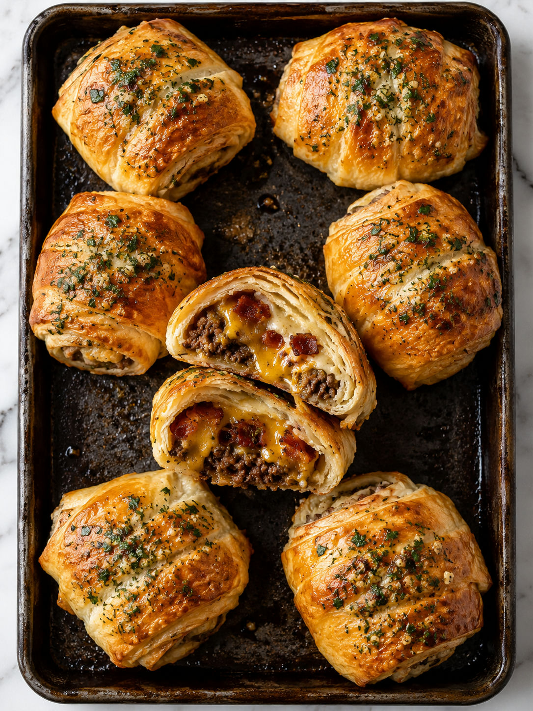 Overhead view of eight garlic butter bacon cheeseburger rollups on a baking sheet, one pulled apart showing cheesy filling