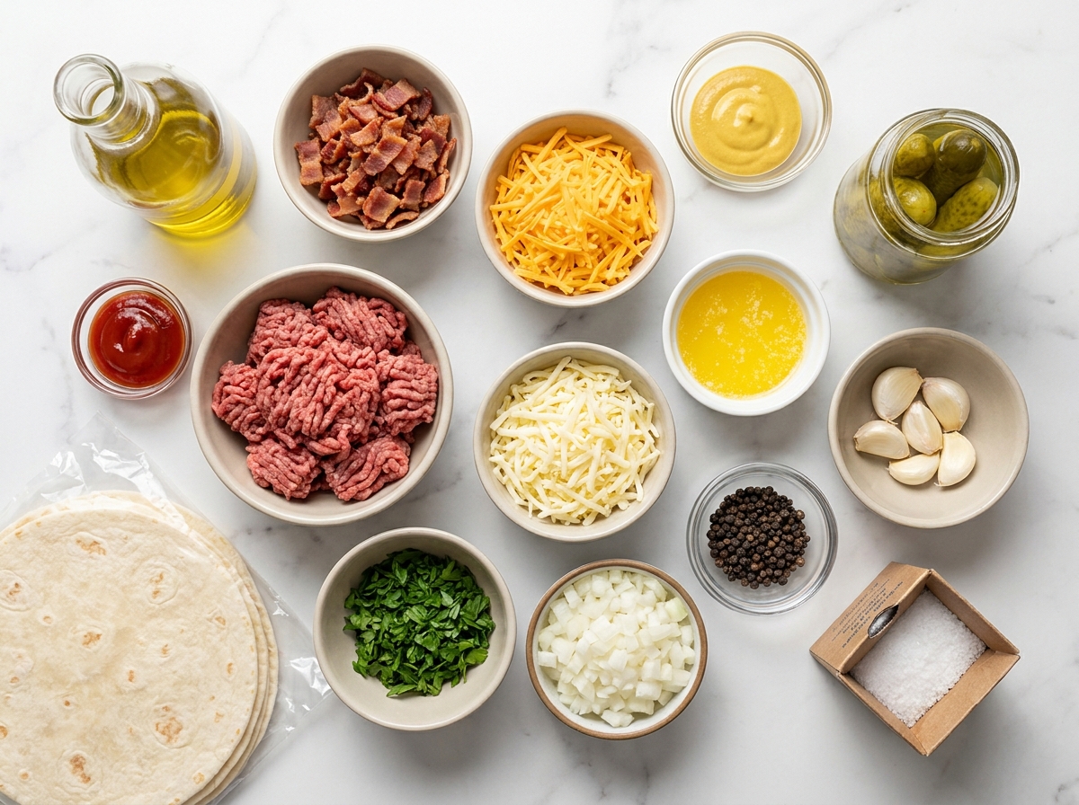 Ingredients for bacon cheeseburger rollups with beef, bacon, cheese, and garlic butter