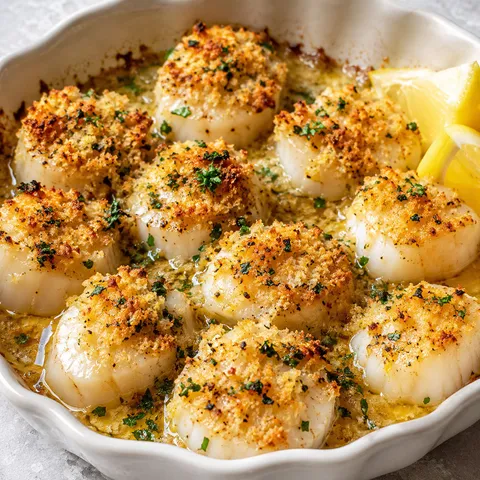 Garlic butter baked scallops with golden panko and lemon