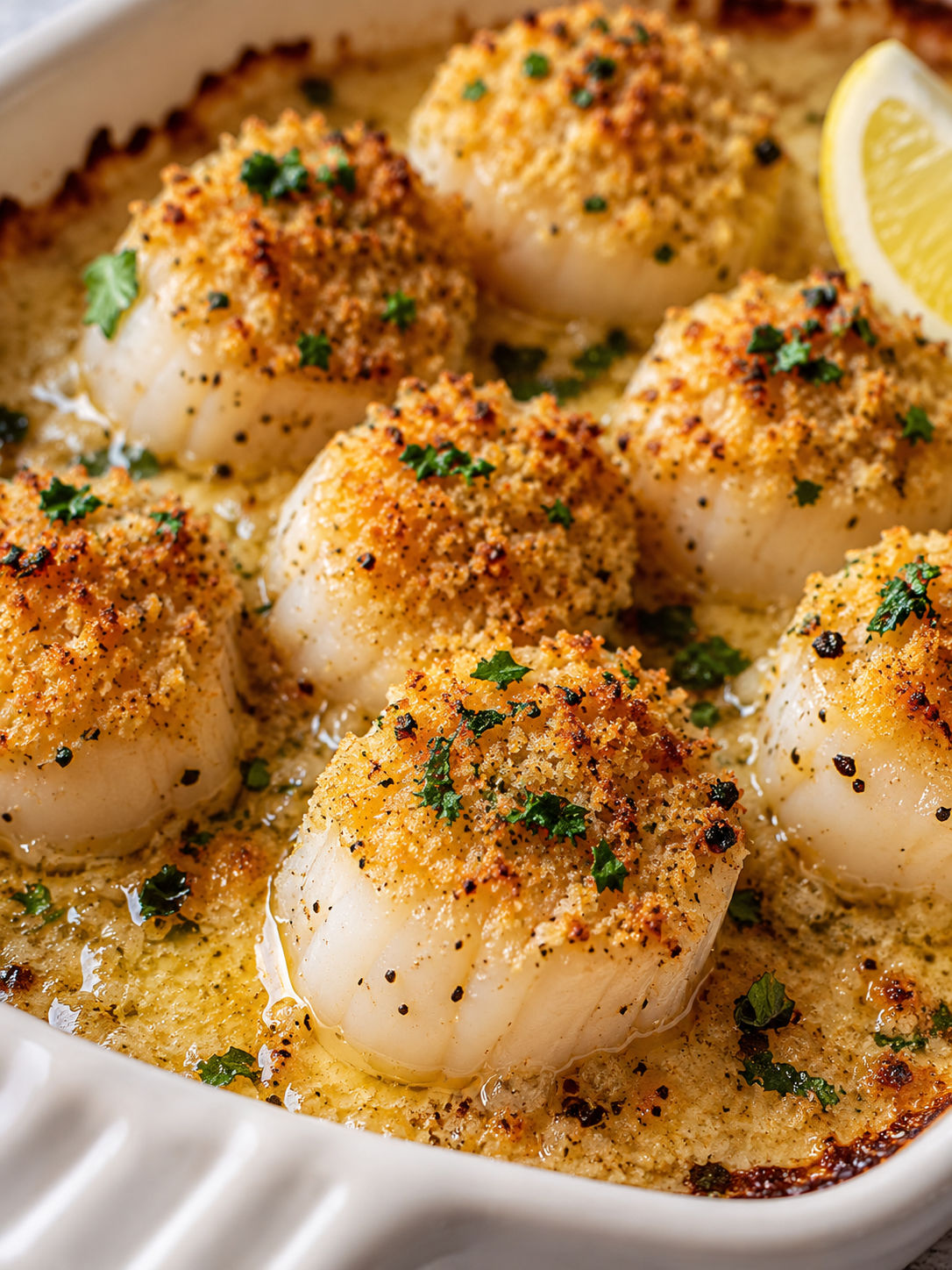Garlic Butter Baked Scallops, plated and served