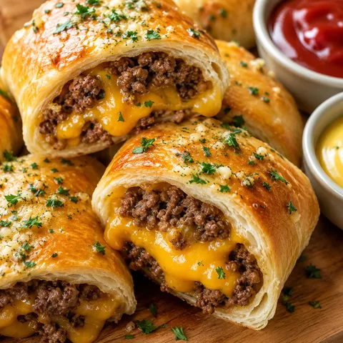Garlic butter beef cheeseburger rollups with melted cheddar and parsley