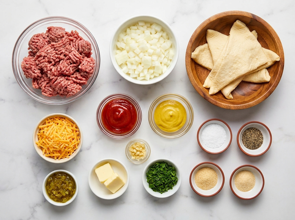Ingredients for garlic butter beef cheeseburger rollups on a counter