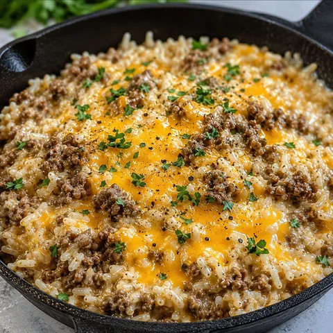 Garlic butter beef rice skillet with melted cheese and parsley