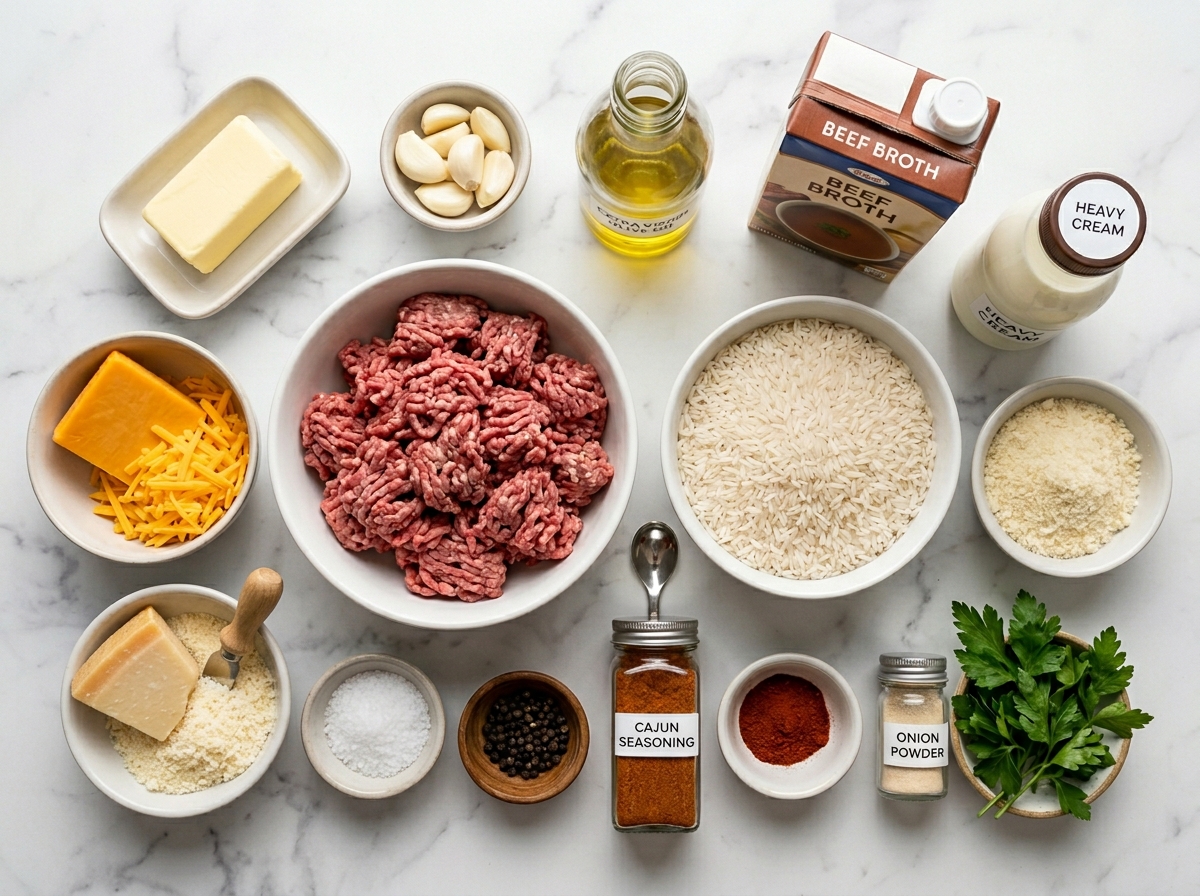 Ingredients for cheesy garlic butter beef rice skillet on a wooden counter