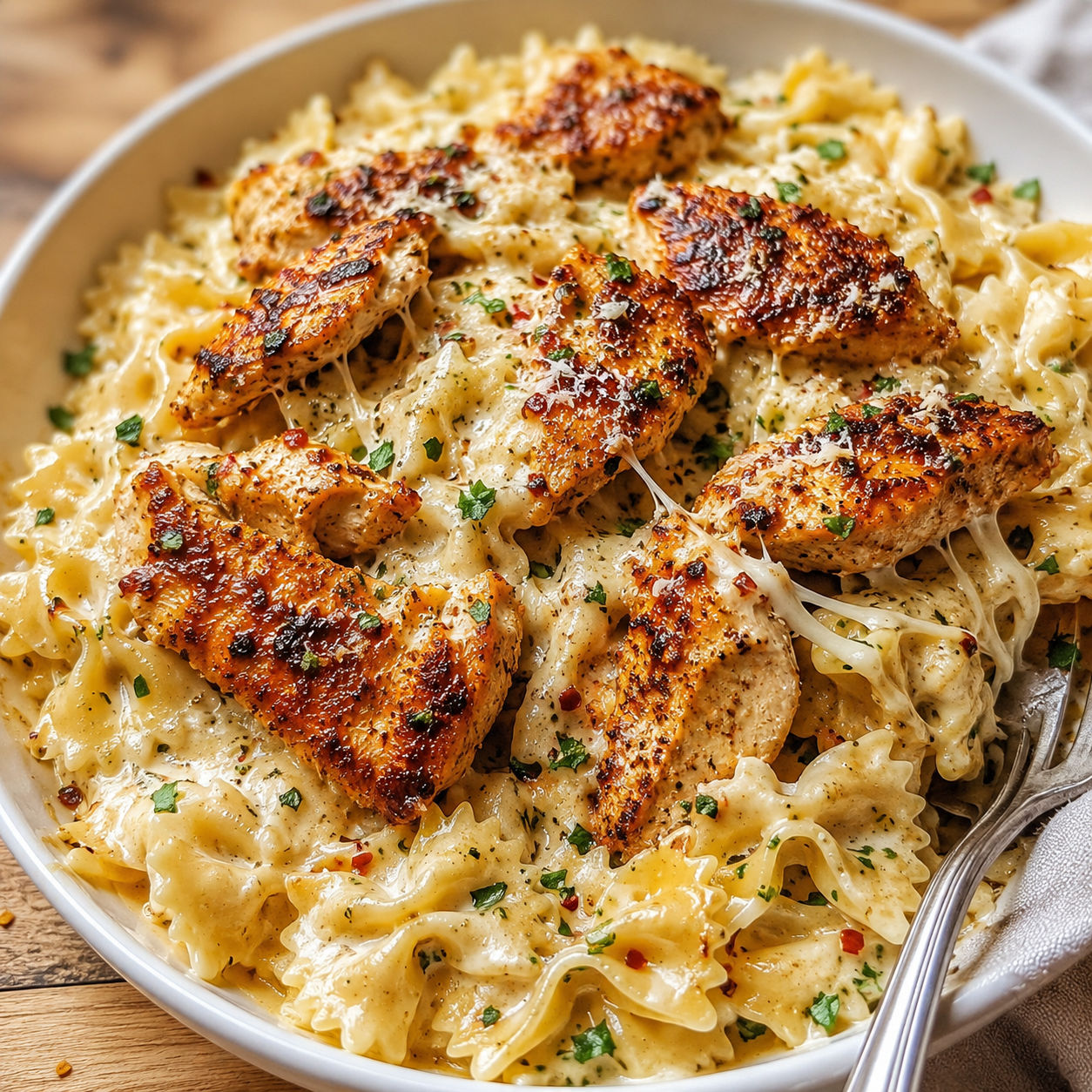 Creamy garlic butter chicken bowties with mozzarella and parsley