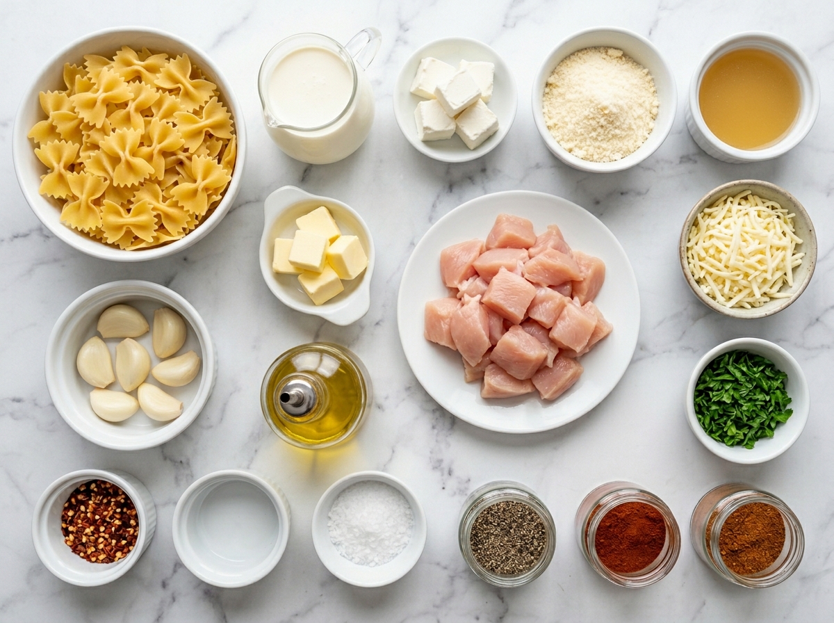 Ingredients for creamy garlic butter chicken bowtie pasta