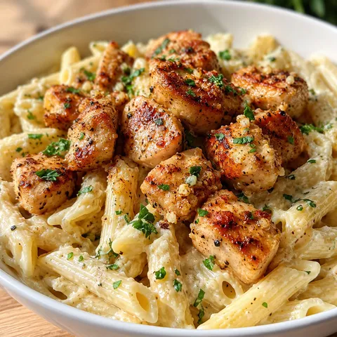 Garlic butter chicken with creamy parmesan pasta and parsley in a white bowl
