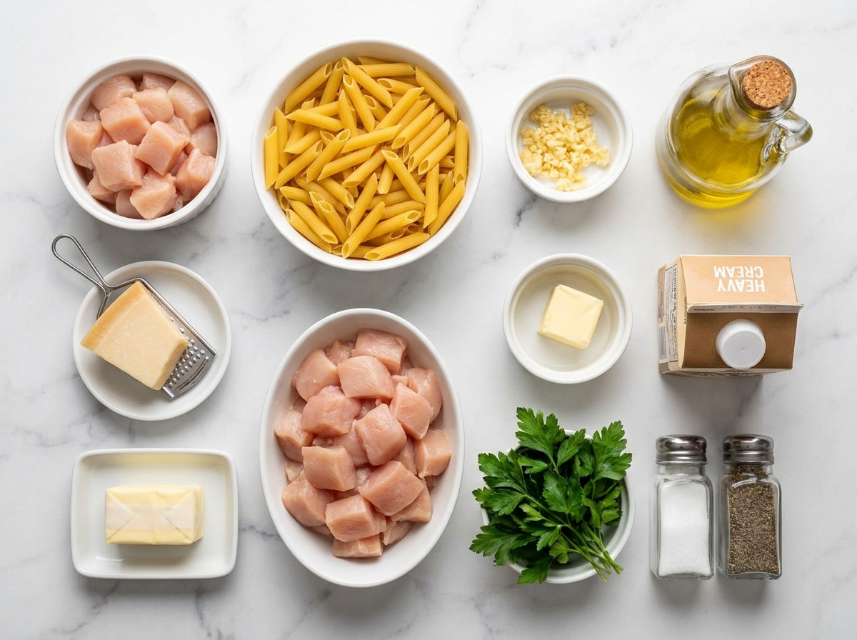 Raw ingredients for garlic butter chicken parmesan pasta on a wooden surface