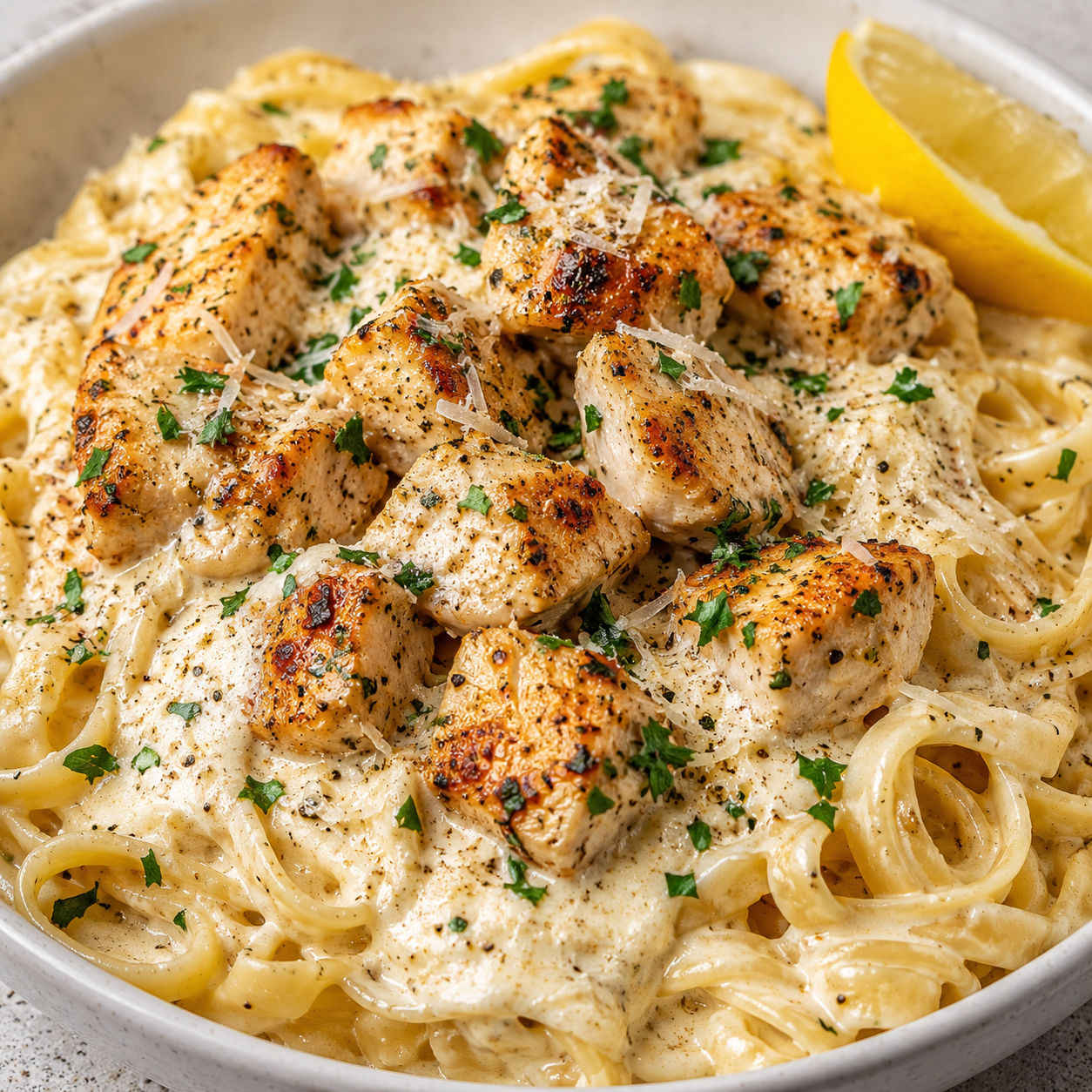 Garlic butter chicken ricotta Alfredo pasta with parsley and Parmesan