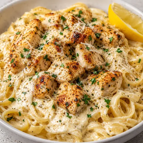 Garlic butter chicken ricotta Alfredo pasta with parsley and Parmesan