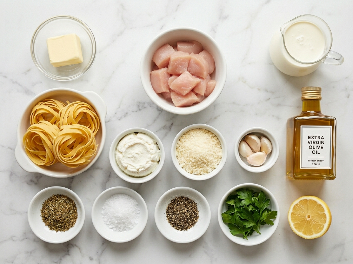 Ingredients for garlic butter chicken ricotta Alfredo pasta on a stone surface