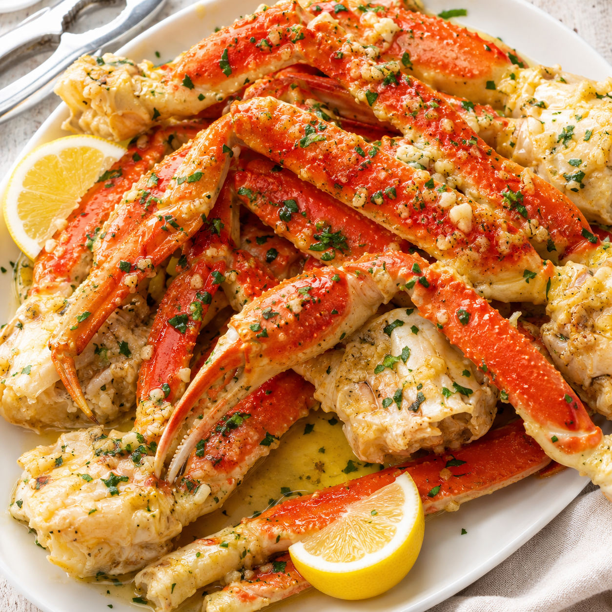 Garlic butter crab legs with parsley and lemon on a white platter