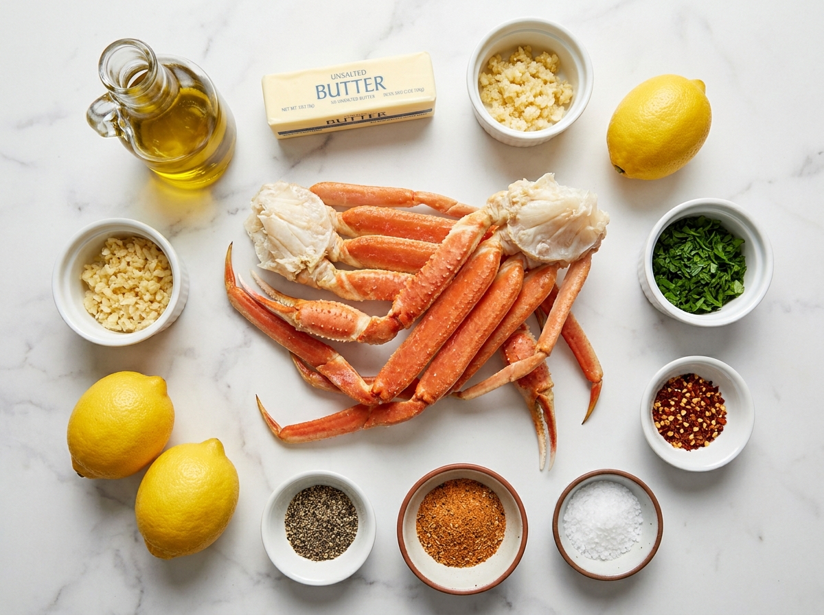 Crab legs, butter, garlic, lemon, parsley, and seasonings on a wooden table