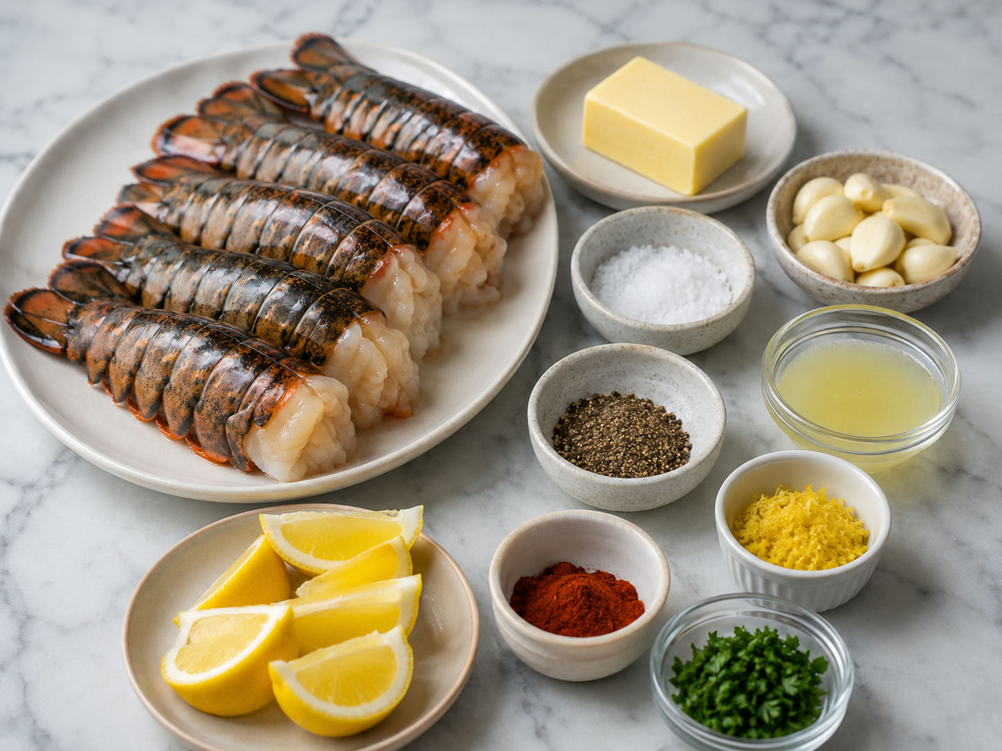 Ingredients for Garlic Butter Lobster laid out