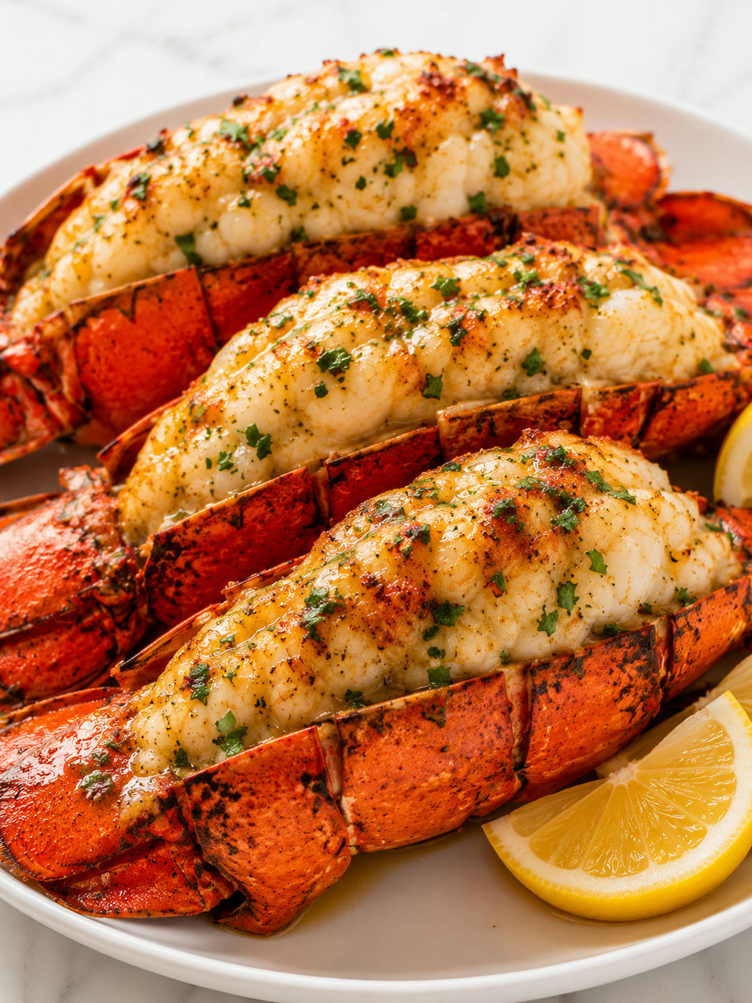 Glossy garlic butter lobster tails with parsley and lemon wedges