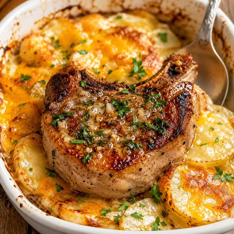 Garlic butter pork chop over cheesy sliced potatoes with parsley