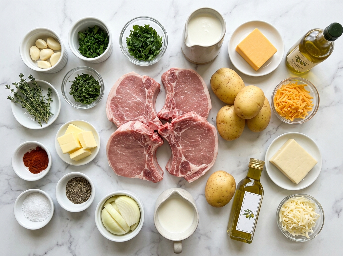 Raw pork chops, potatoes, cheese, garlic, herbs, and cream on a wood surface