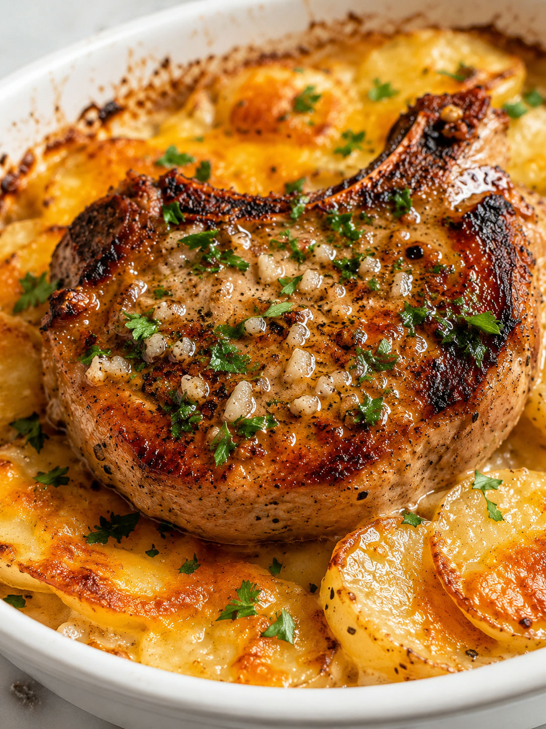 Garlic Butter Pork Chops with Cheesy Potato Bake, plated and served