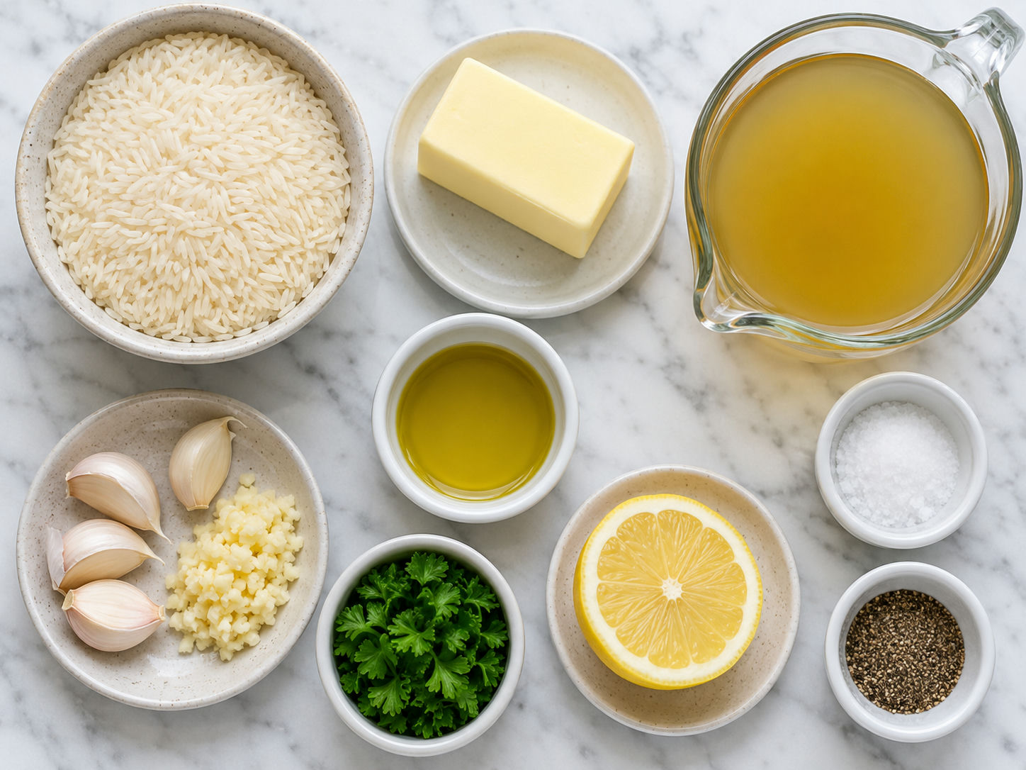 Ingredients for Garlic Butter Rice with rice, butter, garlic, broth, parsley, and lemon