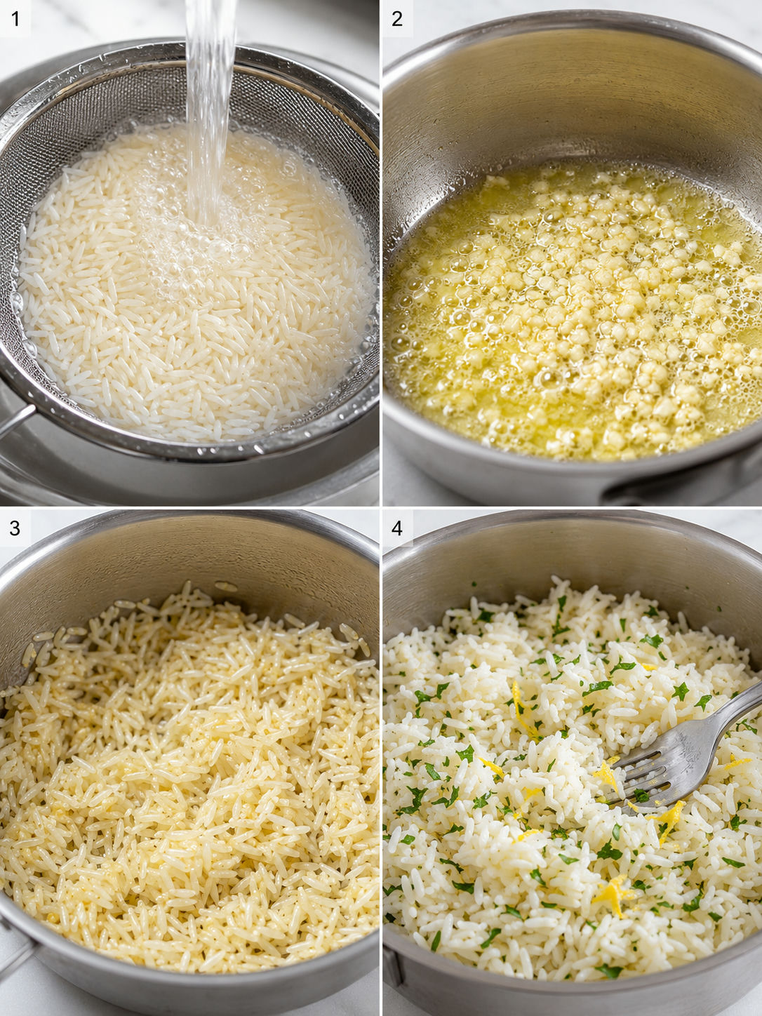 Four cooking steps for Garlic Butter Rice from rinsing to fluffing