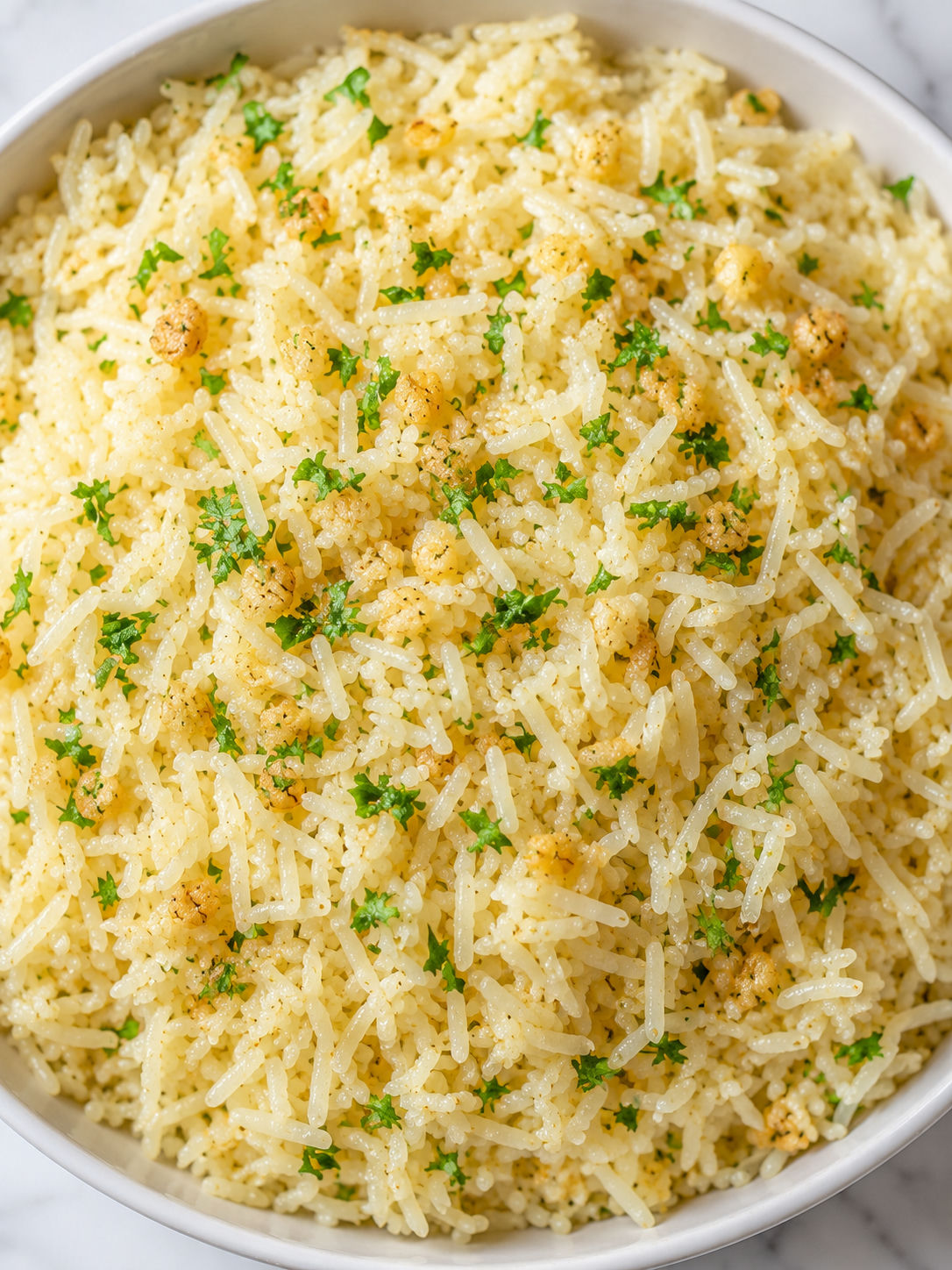 Fluffy Garlic Butter Rice with parsley and lemon filling the bowl