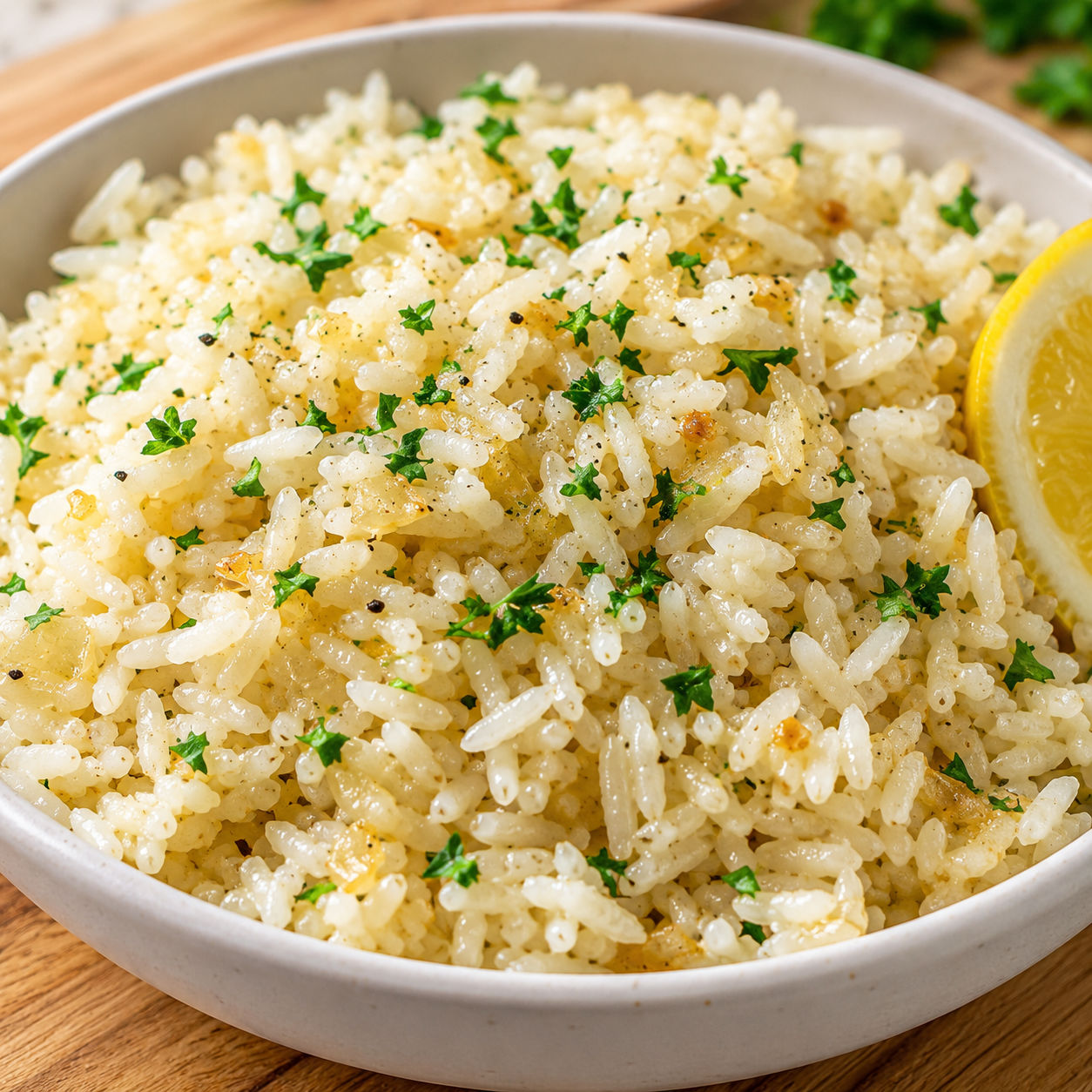 Garlic butter rice with parsley and lemon in a white bowl