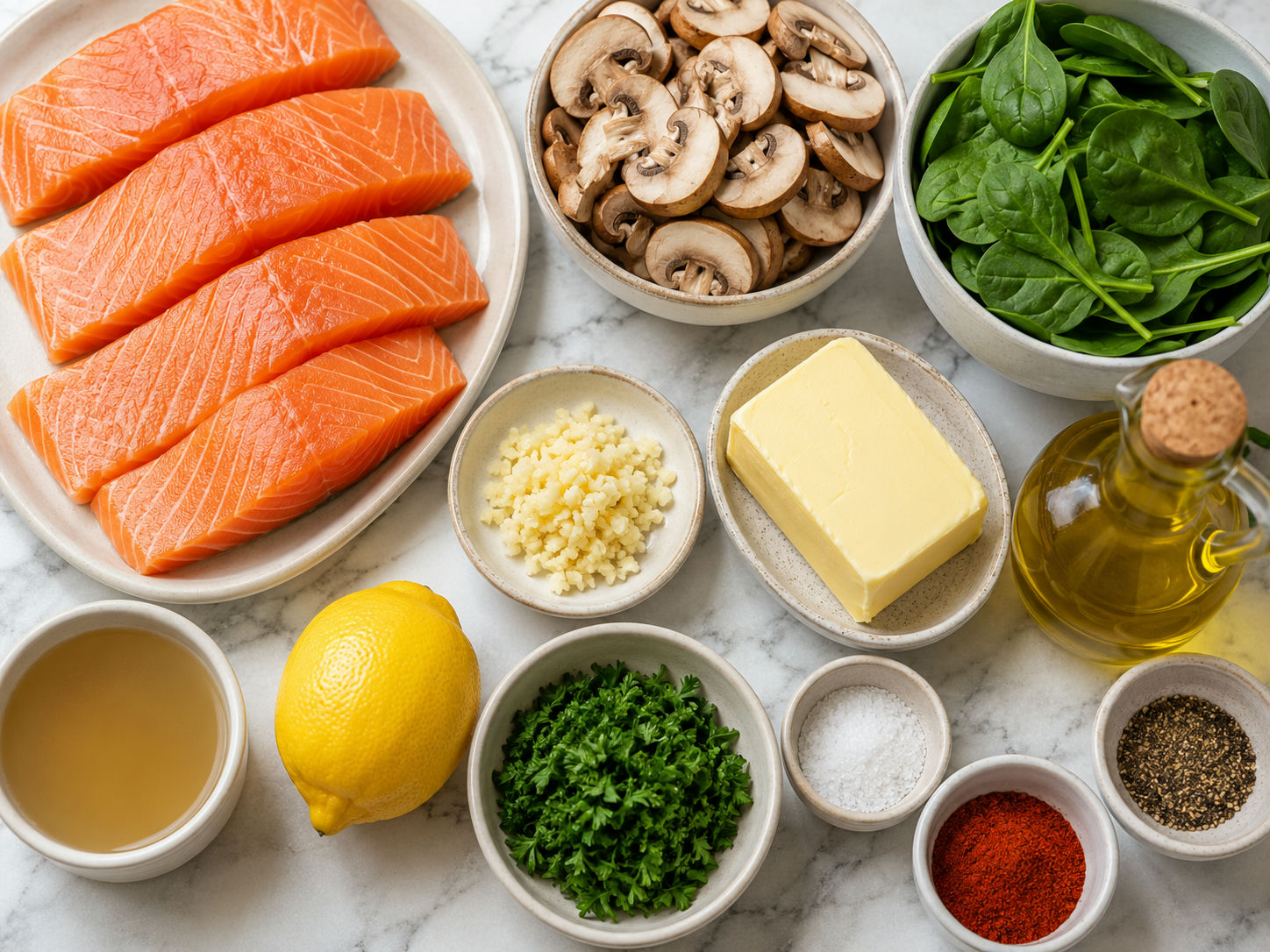 Raw salmon, spinach, mushrooms, butter, garlic, lemon, and herbs