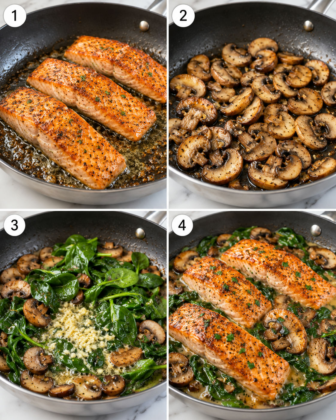 Four cooking steps for salmon with spinach and mushrooms