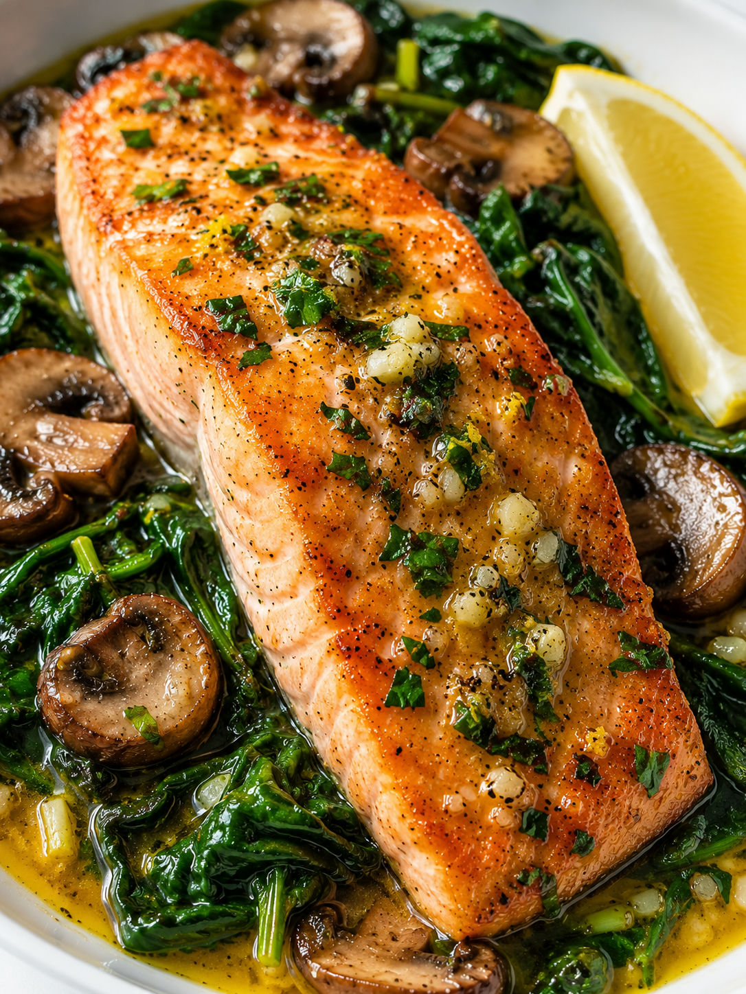 Golden garlic butter salmon over spinach and mushrooms with lemon