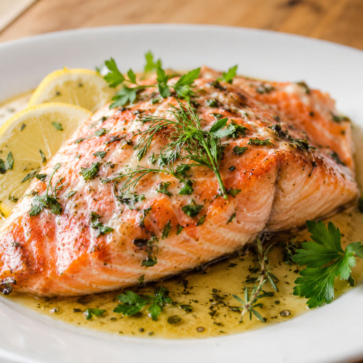 Garlic butter salmon with herbs and lemon on a white plate