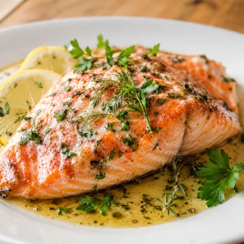 Garlic butter salmon with herbs and lemon on a white plate