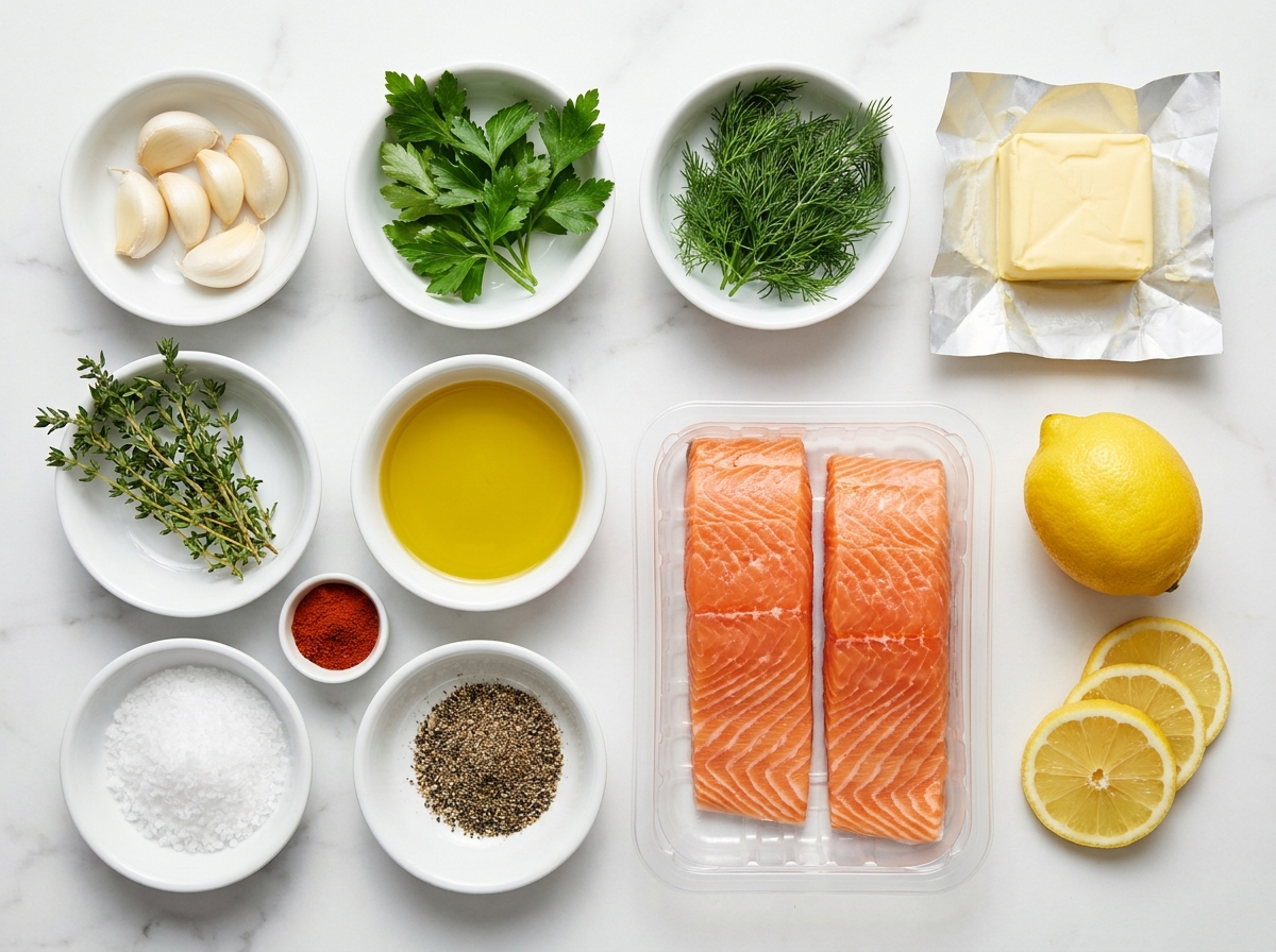 Raw salmon, butter, garlic, lemon, and herbs on a counter