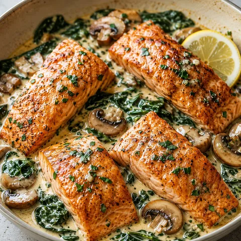 Garlic butter salmon with spinach, mushrooms, and creamy sauce