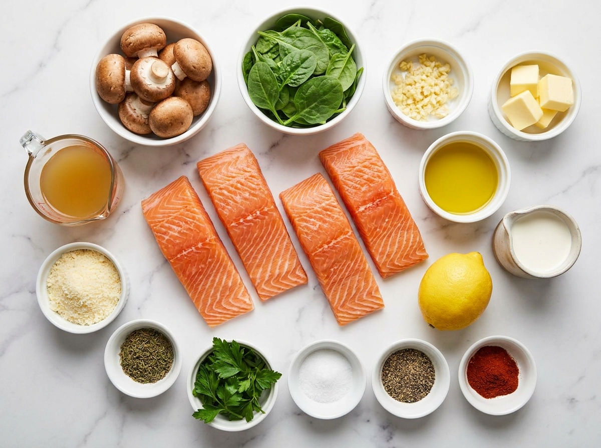 Salmon, spinach, mushrooms, garlic, cream, and parmesan ingredients