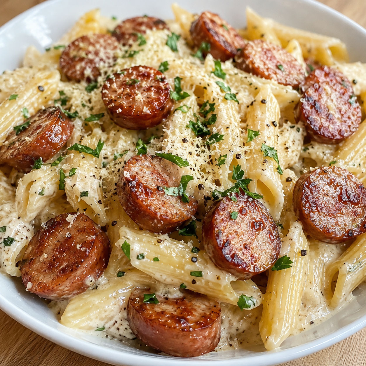 Creamy Parmesan pasta topped with garlic butter sausage bites and parsley
