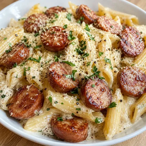 Creamy Parmesan pasta topped with garlic butter sausage bites and parsley