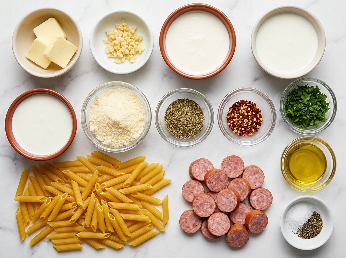 Ingredients for creamy Parmesan pasta with smoked sausage and garlic butter