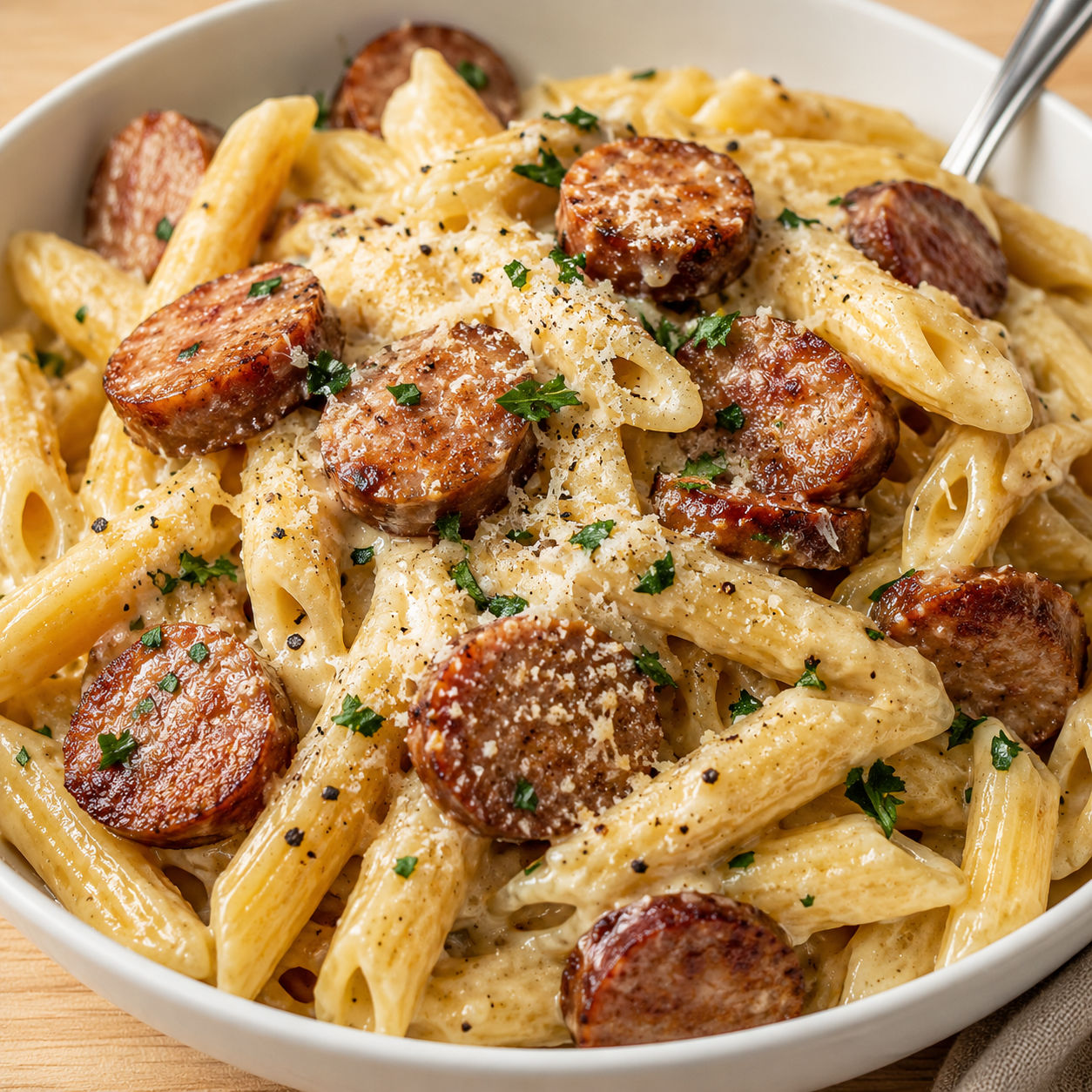 Creamy Parmesan pasta with browned sausage coins and parsley
