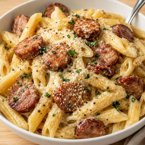 Creamy Parmesan pasta with browned sausage coins and parsley
