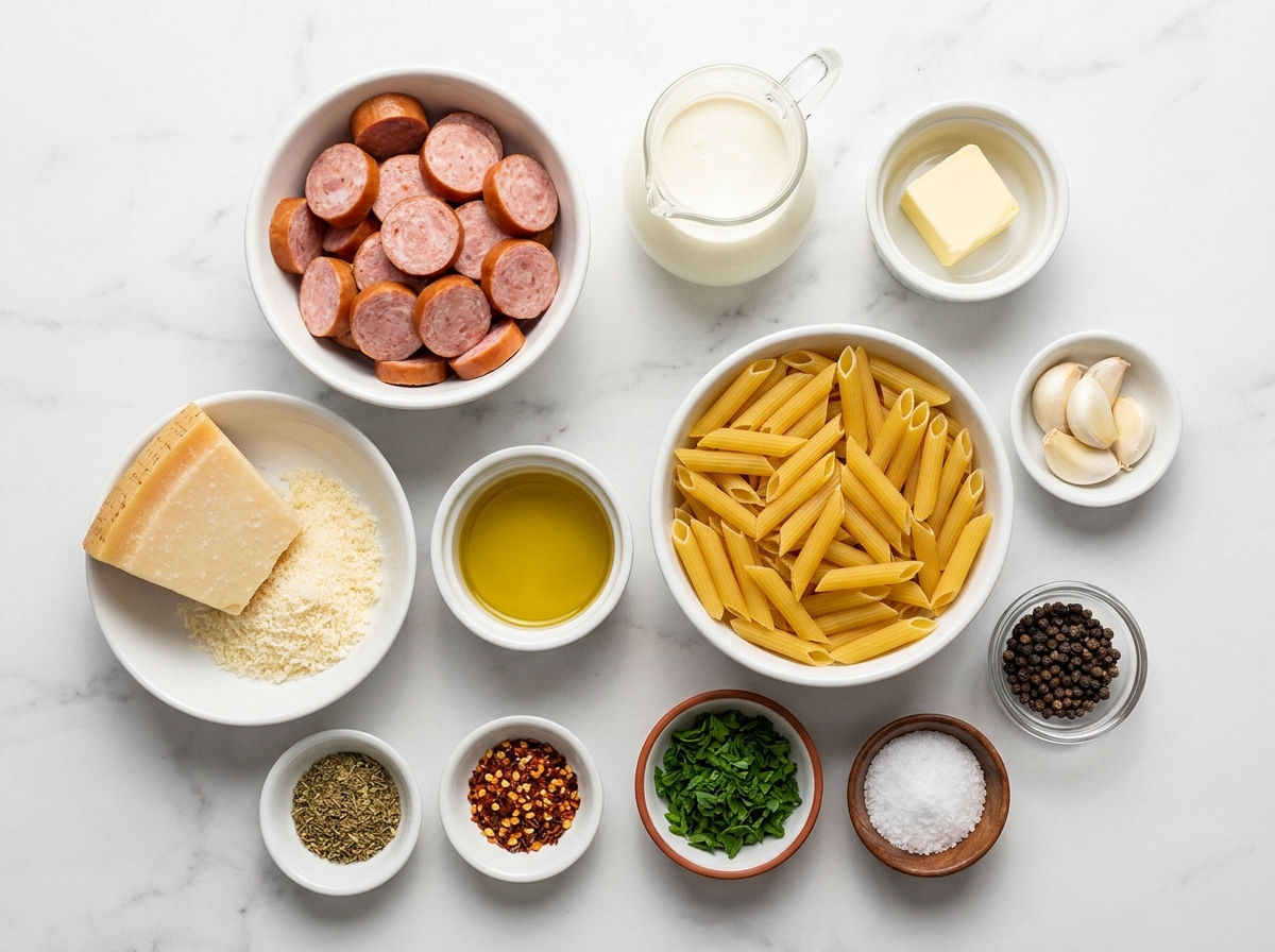 Ingredients for creamy sausage Parmesan pasta on a wooden surface