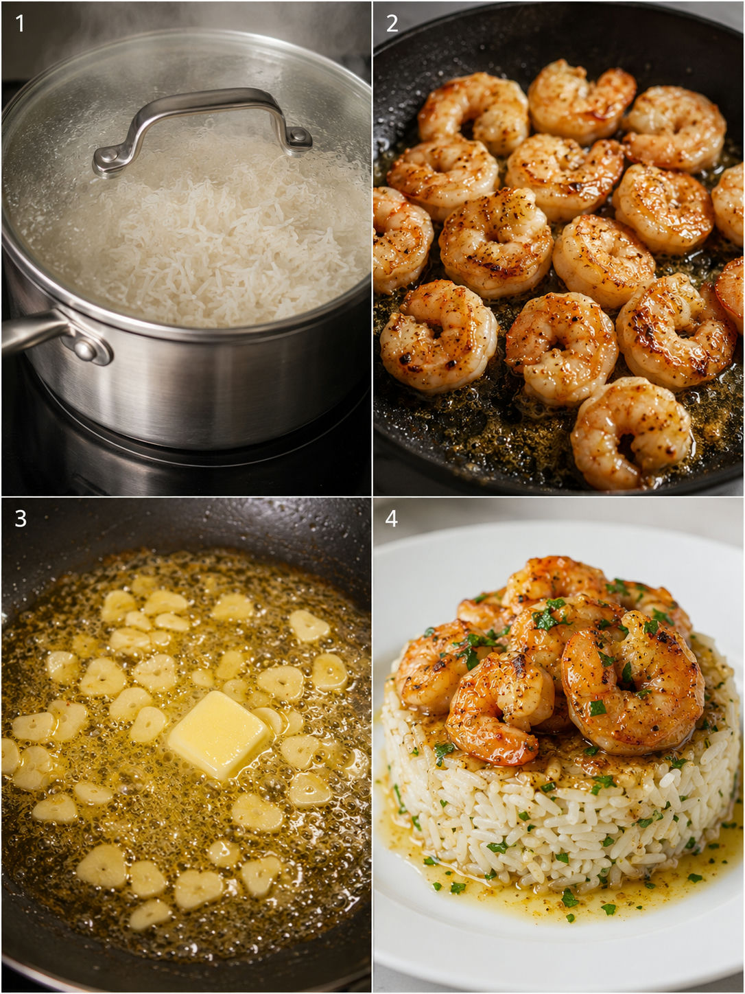 Four cooking steps for garlic butter shrimp and rice stack