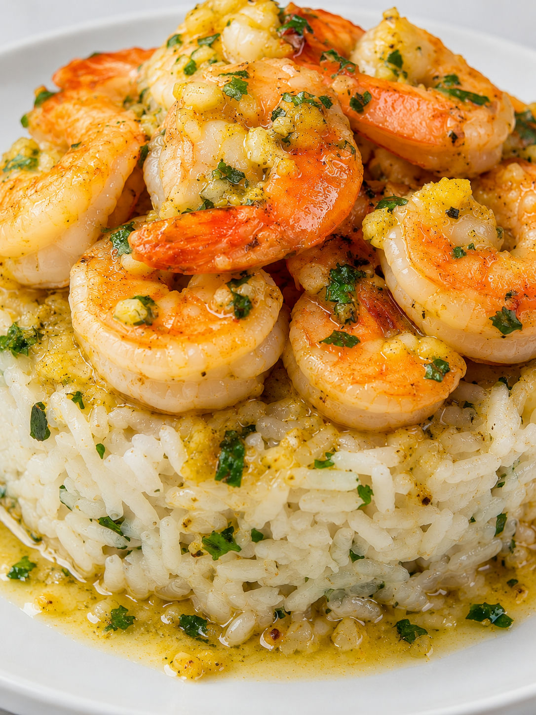 Garlic butter shrimp rice stack with glossy sauce and parsley